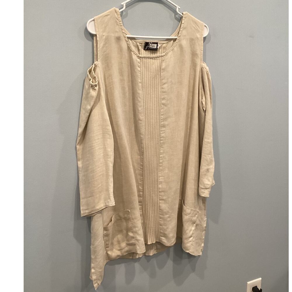 Fenini Women Cold Shoulder Linen Tunic‎ Top L Large Beige Khaki Beachy Lagenlook